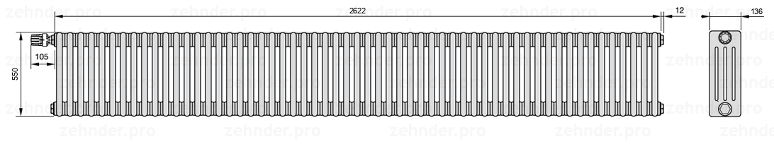 Схема (чертеж) Радиатор Zehnder Charleston 4055/57 №V012 Белый глянцевый RAL 9016